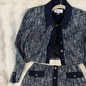 Calvin Klein Navy Tweed Jacket and Skirt Ensemble